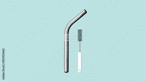 Reusable metal straw and cleaning brush on pastel blue background, viewed from directly above, showcasing eco-friendly drinking accessory and hygiene tool.
