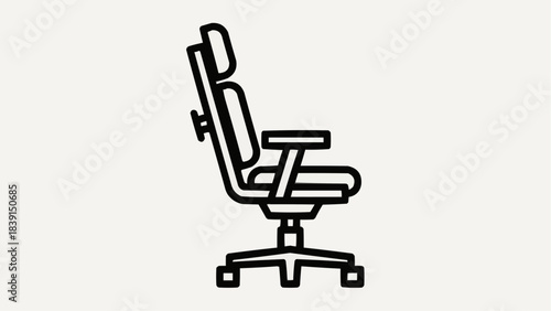 Office chair illustration viewed from the side showcasing ergonomic design and adjustable features in a simple vector graphic