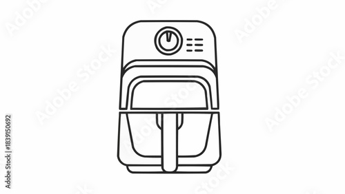 Simple line illustration of an air fryer appliance with a dial and basket on a plain background from a front viewpoint