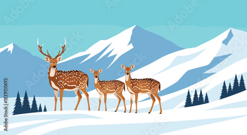 A beautiful winter scene depicting a family of spotted deer standing peacefully in a snow-covered mountain landscape with pine trees.