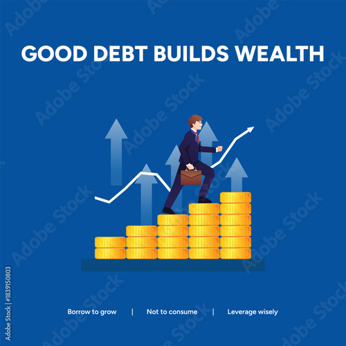 A man in a suit climbs a stack of coins, symbolizing good debt building wealth, with arrows pointing upwards and a rising graph line