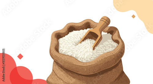 A burlap sack filled with white uncooked rice and a wooden scoop, against a clean white background with abstract coral and beige shapes.