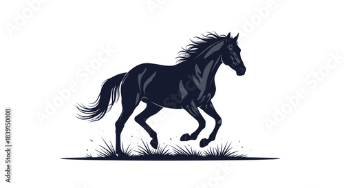 Elegant illustration of a powerful dark horse galloping with a flowing mane and tail over sparse grass, symbolizing strength and dynamic movement.