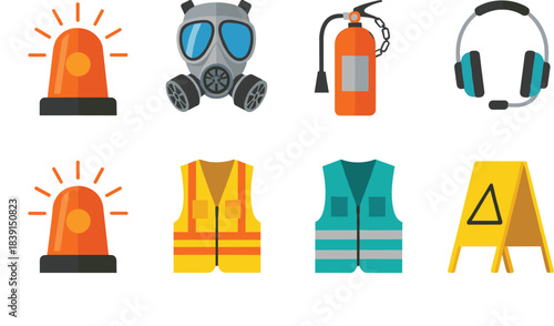 A flat design vector collection of safety and PPE icons including a siren, gas mask, fire extinguisher, ear defenders, high-visibility vests, and a wet floor caution sign