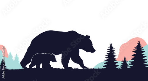 A silhouette illustration of a mother bear and her cub walking through a stylized forest landscape with colorful abstract hills and pine trees.