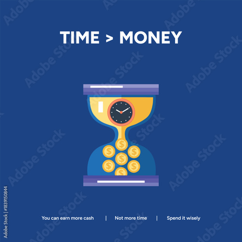 An hourglass with a clock face and coins flowing, symbolizing time being more valuable than money, on a dark blue background