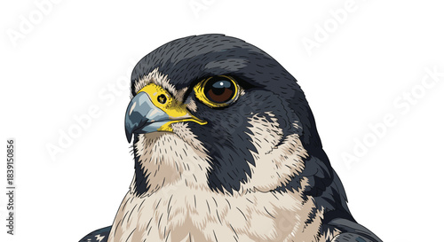 Stylized illustration of a falcon's head and upper body, highlighting its dark feathers, sharp beak, yellow cere, and intense brown eye, isolated on white.