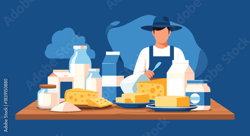 A dedicated dairy farmer proudly presents a wholesome array of fresh dairy products, including milk, cheese, and butter, on a rustic wooden table.