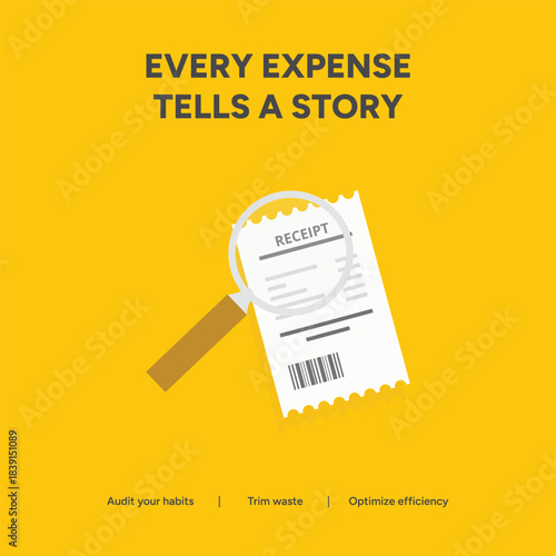 A magnifying glass is held over a receipt, emphasizing the importance of tracking every expense to understand your financial story