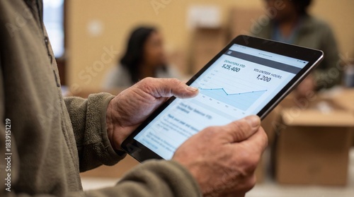 Brainstorming for nonprofits concept. A person holds a tablet displaying graphs and data metrics in a casual indoor setting.