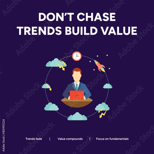 A man with a laptop surrounded by clouds, a rocket, and a clock, symbolizing building value instead of chasing trends, on dark background