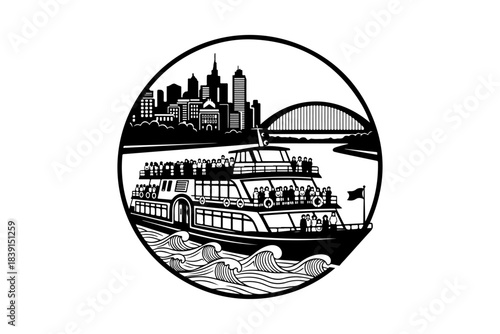 Elegant monochrome illustration of a grand passenger boat cruising through a vibrant cityscape, featuring an iconic bridge and towering skyscrapers, perfect for travel and tourism concepts
