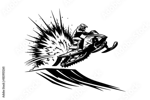 Dynamic illustration of a person riding a snowmobile, performing a thrilling jump with snow spray and speed lines for an extreme sports theme
