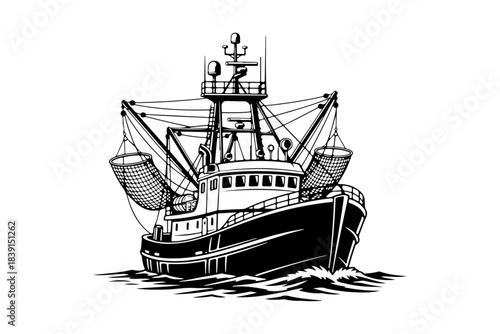 Vivid monochrome illustration of a powerful commercial fishing trawler navigating ocean waves with nets deployed, embodying the maritime industry, dedicated labor, and sustainable resource harvesting