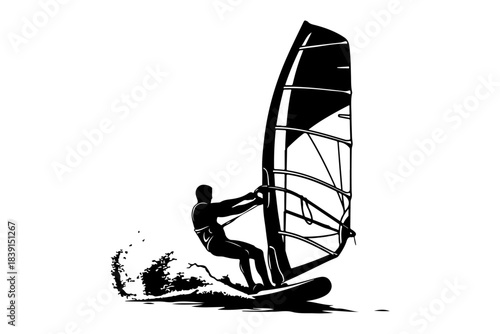 Silhouette of a windsurfer riding a wave with sail catching the wind on a white background, dynamic water splash