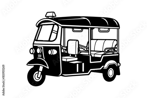 Illustration of a black and white auto rickshaw vehicle, also known as a tuk-tuk, a three-wheeled motor vehicle used for transportation