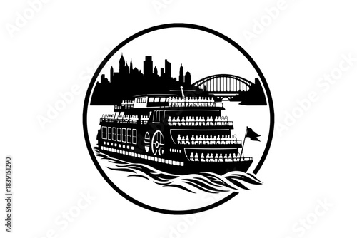 Iconic Paddle Steamer Cruise Ship Silhouette against a City Skyline and Harbour Bridge - Symbolizing Nautical Tourism and Waterfront Exploration in a Classic Design