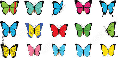 A large, vibrant collection of fifteen colorful butterflies in different styles and poses, including blue, pink, red, green, and yellow wings, perfect for nature and spring design