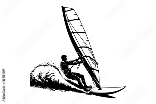 Wind surfer riding a wave in the ocean, a dynamic illustration of a water sport in black and white