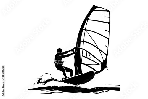Black and white illustration of a person windsurfing across a wave, showcasing a dynamic water sport with a sail and board