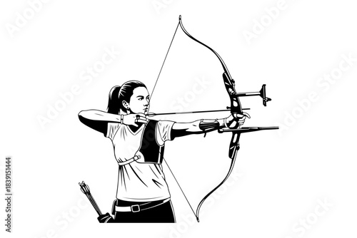 Focused female archer with bow and arrow, demonstrating precision and skill in the competitive sport of archery, aiming for accuracy and success in target practice with intense concentration