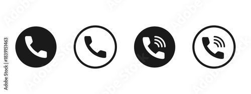 Phone icon. Round handset buttons with ringing waves for call and communication vector illustration. Mobile contact features, telephone connect tools and hotline support sign.