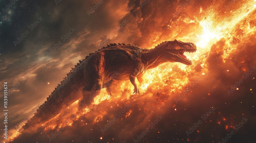 Fototapeta premium A huge dinosaur in fiery chaos symbolises climate catastrophe, creating a dramatic backdrop for discussing environmental threats.