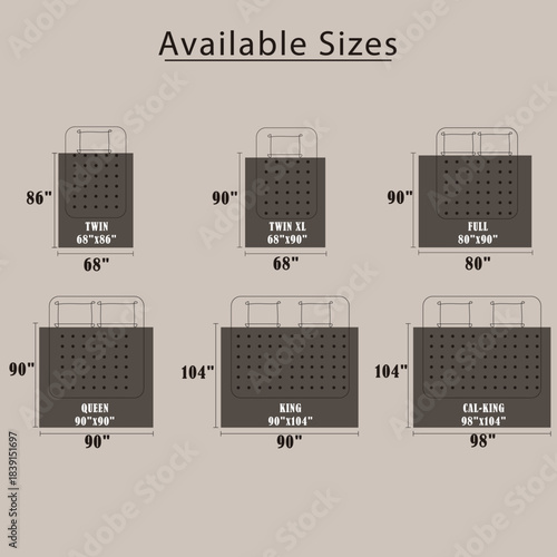 Comforter and Duvet Size Chart Illustration with Twin, Twin XL, Full, Queen, King and Cal King Dimensions 