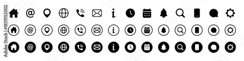 UI icons. Home, at sign, location pin, globe, phone, mail, info mark and other interface elements in mixed outline and solid style. Communication and navigation tools for apps sign and web design.