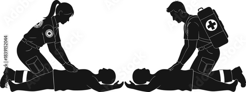 Emergency medical responders performing CPR on unconscious patients during rescue operation, healthcare professionals saving lives in critical cardiac arrest situations