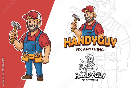 Cartoon Handyman Mascot Logo Vector. Happy Repairman Character in Overalls Holding Hammer for Home Improvement, Maintenance, Contractor, Carpenter, or DIY Service Business Branding.