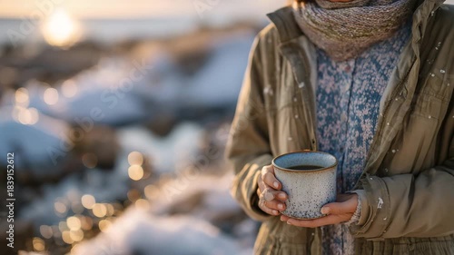 Wallpaper Mural 25A person holding a hot drink outdoors while standing near melting snow, enjoying first warm breeze Torontodigital.ca
