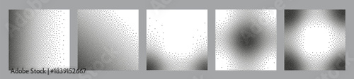 Stipple effect texture set with soft gradient fade. Grainy white backgrounds, halftone dot patterns, and dusty particle overlays for creative projects.