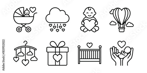 Newborn baby care and maternity love line icons set