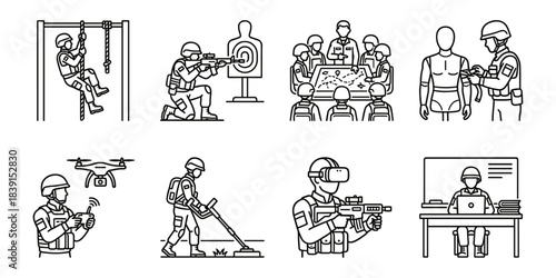 Military training and army soldier tactical instruction line icons set