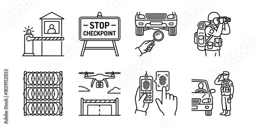 Border control checkpoint and military security line icons set