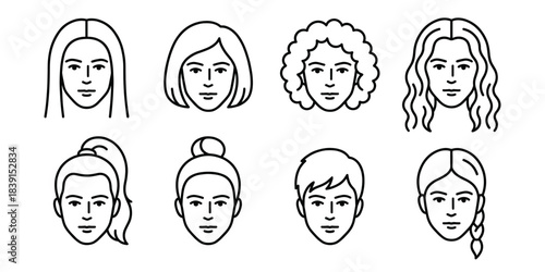 Female hairstyles and woman face avatars line icons set