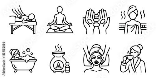 Spa salon and wellness beauty treatment line icons set