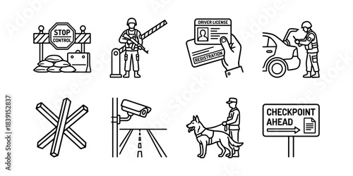 Military checkpoint and vehicle inspection line icons set