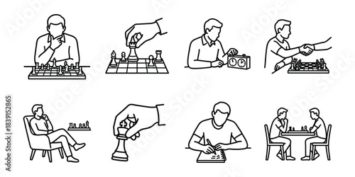 Chess game strategy and players competition line icons set
