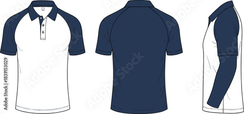 Raglan Sleeve Polo Shirt Fashion Flat Sketch Vector Illustration CAD Drawing, Contrast Color Sportswear Apparel Template with Collar and Buttons