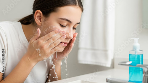 Teenage girl washing her face with cleanser at bathroom sink  