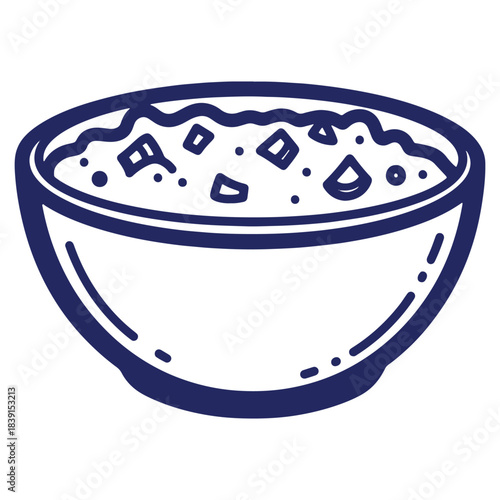 Bowl of hearty stew illustration in navy blue monochrome design for print and digital applications offering simplicity and appetite appeal