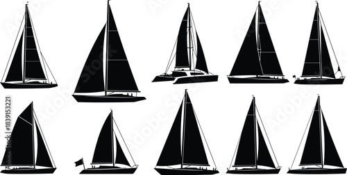 Sailboat silhouettes, diverse sailing yacht vessels collection, monochrome graphic boat icon set, navigation, nautical travel, water transport, maritime adventure, marine catamaran, isolated vector 