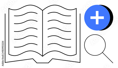 Knowledge concept. Open book with magnifying glass and plus symbol, learning, research, and information exploration. Knowledge for education, research tools, content creation, publishing