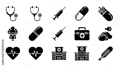 Collection of essential black and white medical healthcare icons representing various clinical tools and hospital services for design use