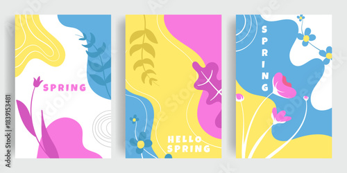 Spring poster design template with blooming flowers and leaves. Vertical poster design for spring greeting cards and social media posts.