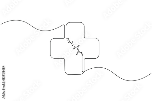 Minimalist medical cross heart and ecg line continuous one line vector
