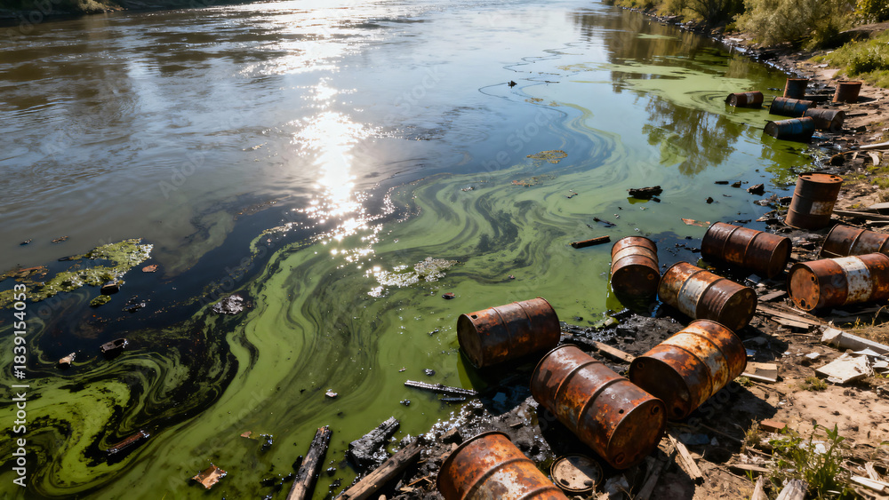 Fototapeta premium Polluted Riverbank with Rusty Drums and Algae Accumulation Under Bright Sunlight