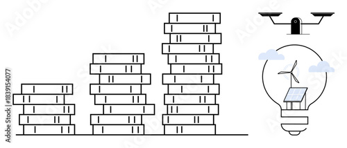 Finance growth, renewable energy, sustainability, wealth management, eco-friendly solutions, economic balance. Stacks of coins with a light bulb holding solar panel and wind turbine. Finance growth